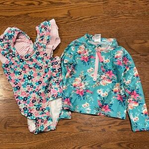 Ruffle Butts Floral Ruffle Sleeve Swimsuit One Piece With Long Sleeve Top 2T